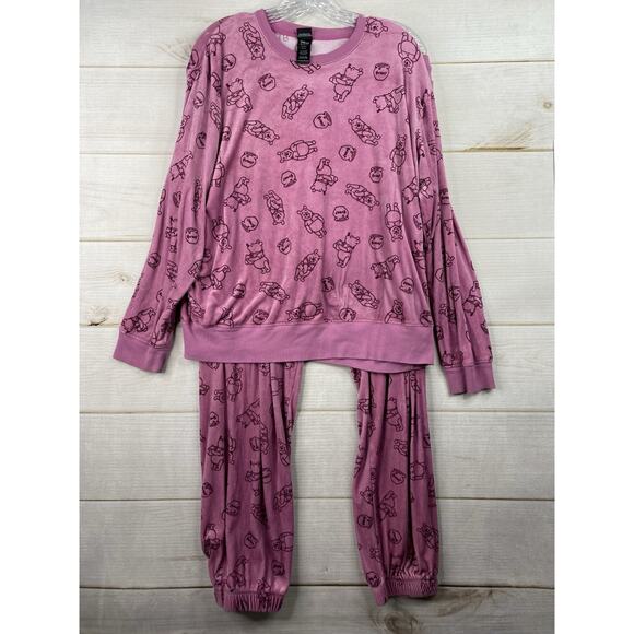 Disney Winnie The Pooh Pajamas XL Pink Stretch Velour 2 Piece Loungewear Set - Picture 1 of 10